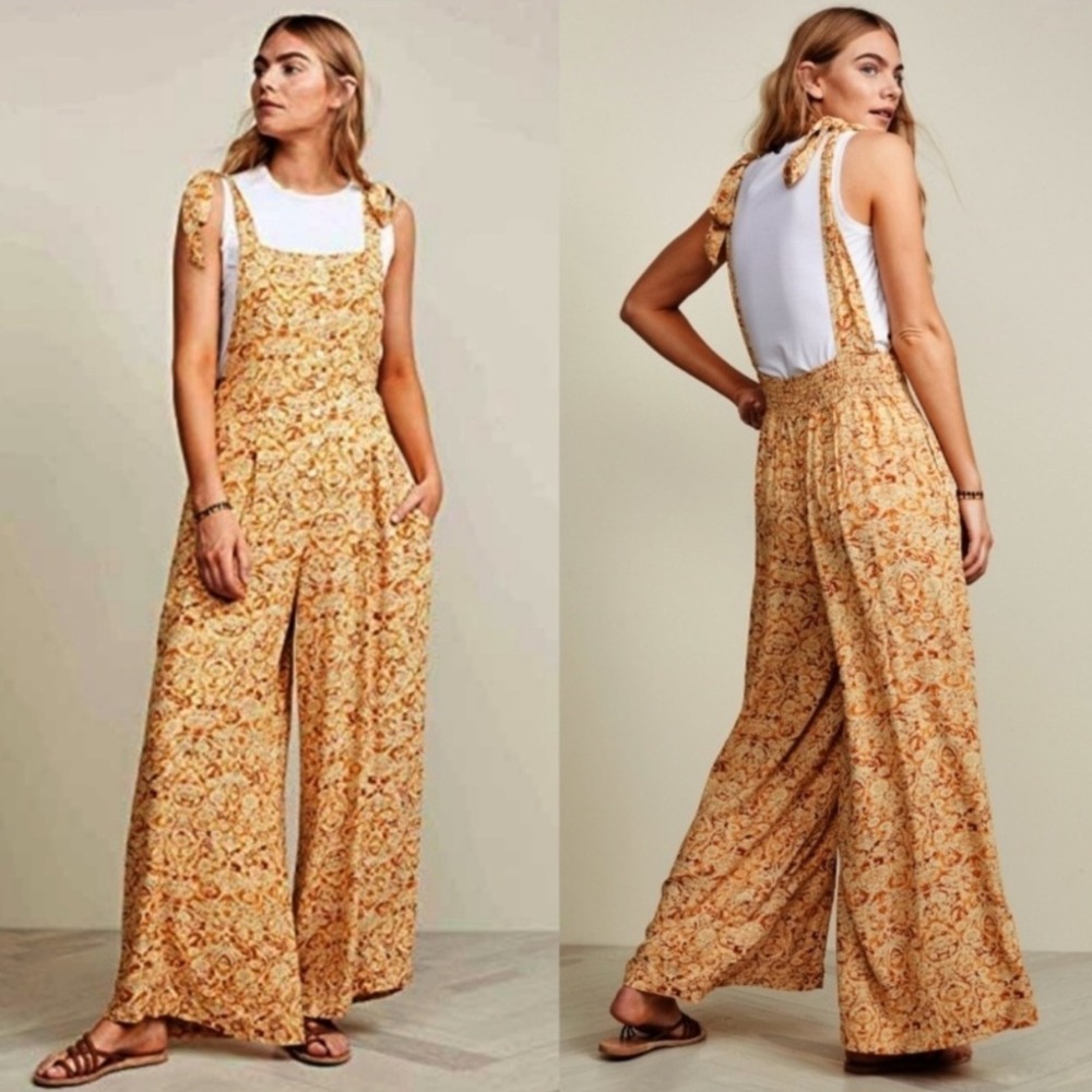 Free People Sugar Sands Wide-Leg One Piece Jumpsuit Yellow Women's Size L